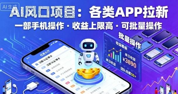 AI风口项目,各类APP拉新,一部手机就可以操作,收益上限高,可批量操作-樵渔匹