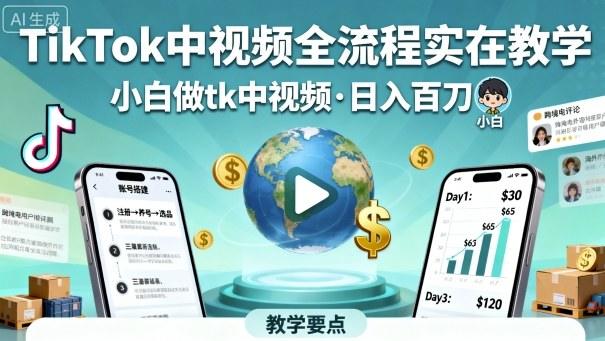 TikTok中视频全流程实操教学,小白做tk中视频,日入百刀-樵渔匹