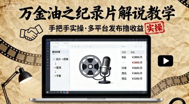 万金油之纪录片解说教学,手把手教你,完全实操,多平台发布撸收益-樵渔匹