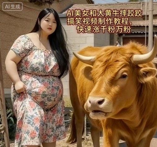 AI美女和大黄牛摔跤搞笑荒诞视频制作教程,快速涨千粉万粉-樵渔匹