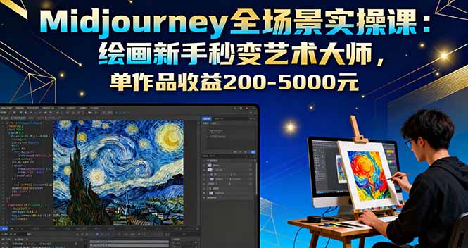 Midjourney全场景实操课:绘画新手秒变艺术大师,单作品收益200-5000元-樵渔匹