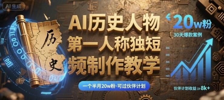 最新AI历史人物第一人称独白短视频制作教学,一个半月20w粉,可过伙伴计划-樵渔匹