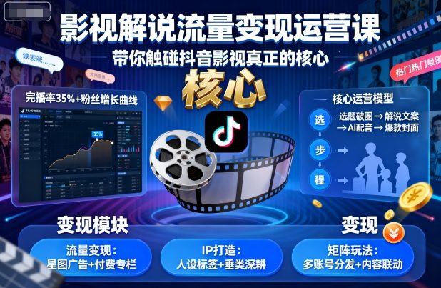 影视解说流量变现运营课,带你触碰抖音影视真正的核心-樵渔匹