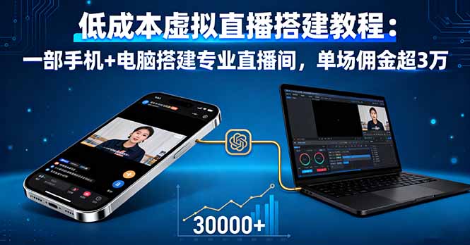 低成本虚拟直播搭建教程:一部手机+电脑搭建专业直播间,单场佣金超3万-樵渔匹