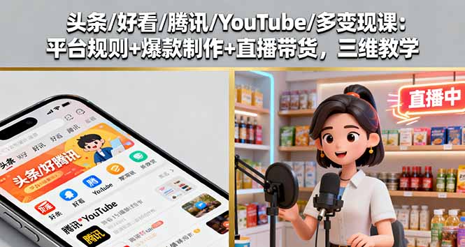 头条/好看/腾讯/YouTube/多变现课:平台规则+爆款制作+直播带货,三维教学-樵渔匹