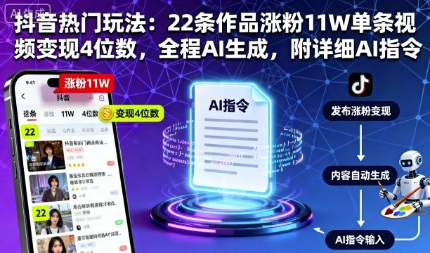 抖音热门玩法:22条作品涨粉11W单条视频变现4位数,全程AI生成,附详细AI指令-樵渔匹