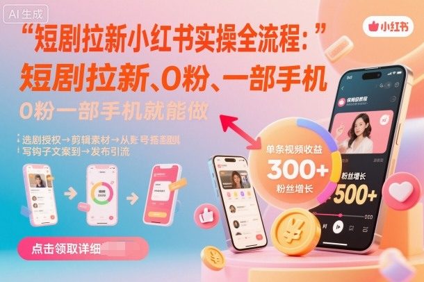 短剧拉新小红书实操全流程,0粉一部手机就可以做,详细教程-樵渔匹
