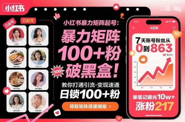 小红书暴力矩阵起号,教你打通引流-变现速通,日锁100+粉,破流量黑盒-樵渔匹
