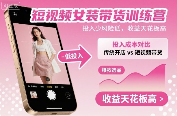 短视频女装带货训练营,投入少风险低,收益天花板高-樵渔匹