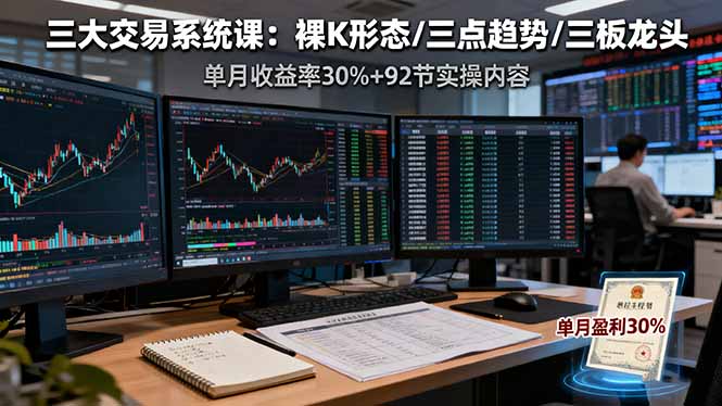三大交易系统课:裸K形态/三点趋势/三板体系,单月收益率30%+92节实操内容-樵渔匹
