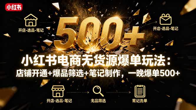小红书电商无货源爆单玩法:店铺开通+爆品筛选+笔记制作,一晚爆单500+-樵渔匹