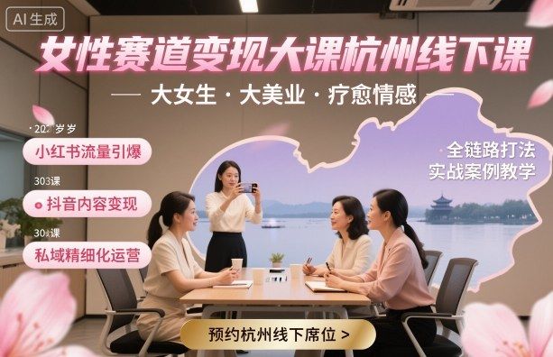 女性赛道变现大课杭州线下,大女生,大美业,疗愈情感,一套小红书、抖音、私域全链路打法-樵渔匹