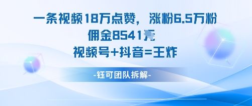 一条视频18W点赞,涨粉6.5W粉佣金8541米,视频号+抖音=王炸-樵渔匹