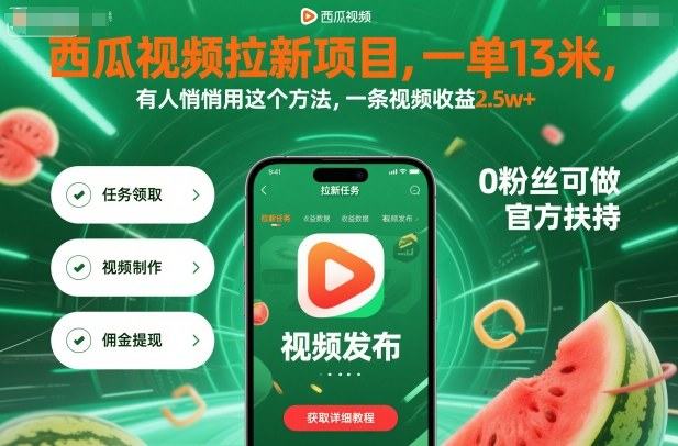 西瓜视频拉新项目,一单13米,有人悄悄用这个方法,一条视频收益2.5w+(附详细教程)-樵渔匹