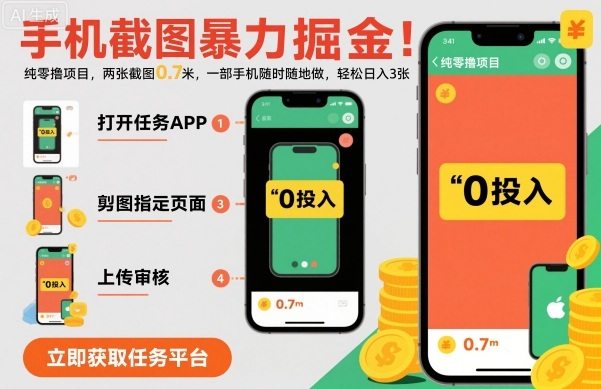 手机截图暴力掘金,两张截图0.7米,一部手机就能做,轻松日入3张【揭秘】-樵渔匹
