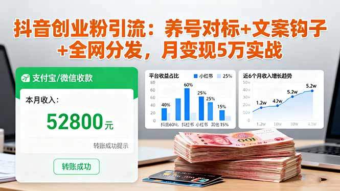 抖音创业粉引流:养号对标+文案钩子+全网分发,月变现5万实战-樵渔匹