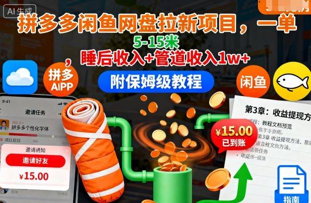 拼多多闲鱼网盘拉新项目,一单5-15米,睡后收入+管道收入1w+(附保姆级教程)-樵渔匹