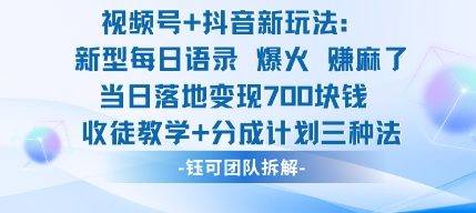 视频号加抖音新玩法:爆火新型每日语录,收徒教学加分成计划,三种变现玩法,当日变现7张-樵渔匹