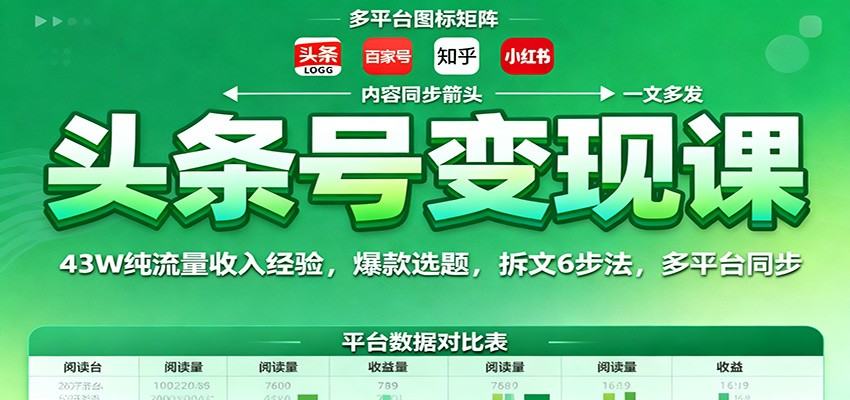 头条号变现课:43W纯流量收入经验,爆款选题,拆文6步法,多平台同步-樵渔匹