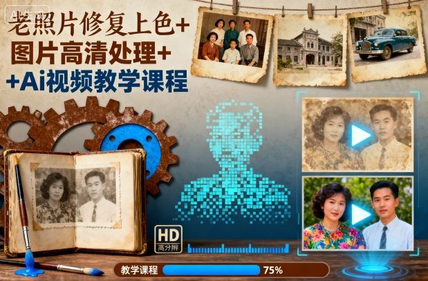 老照片修复上色+图片高清处理+Ai视频教学课程-樵渔匹