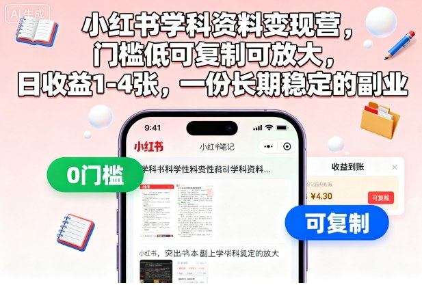 小红书学科资料变现营,门槛低可复制可放大,日收益1-4张,一份长期稳定的副业-樵渔匹