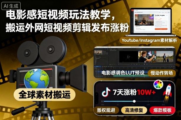 电影感短视频玩法教学,搬运外网短视频剪辑发布涨粉-樵渔匹