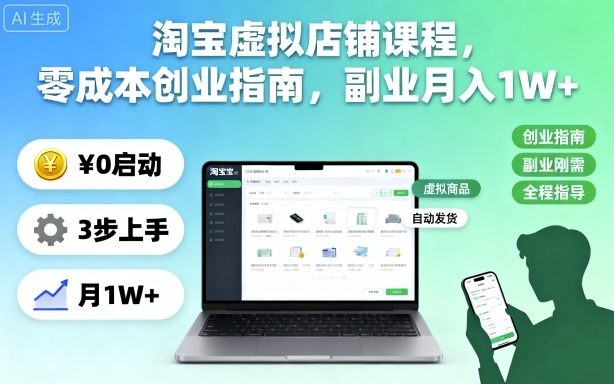 淘宝虚拟店铺课程,零成本创业指南,副业月入1W+-樵渔匹