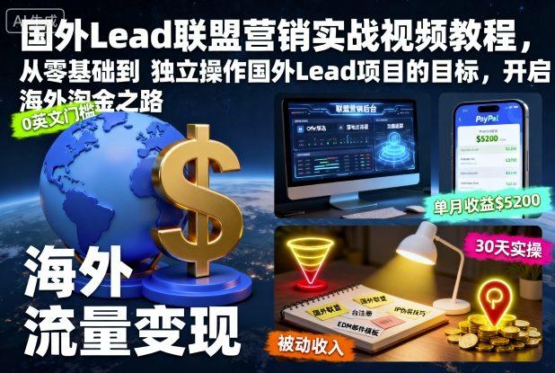 国外Lead联盟营销实战视频教程,从零基础到独立操作国外Lead项目的目标,开启海外淘金之路-樵渔匹