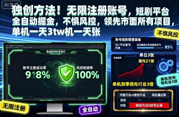 独创方法!无限注册账号,短剧平台全自动掘金,不惧风控,领先市面所有项目,单机一天3张【揭秘】-樵渔匹