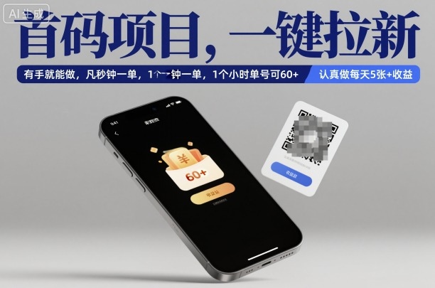 首码项目,一键拉新,有手就能做,几秒钟一单,1个小时单号可60+,认真做每天5张+收益【揭秘】-樵渔匹