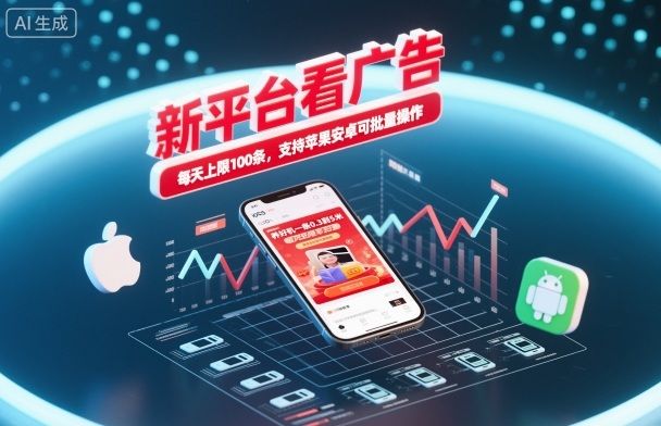 新平台看广告,养好机一条0.3到5米,每天上限100条,支持苹果安卓可批量操作-樵渔匹