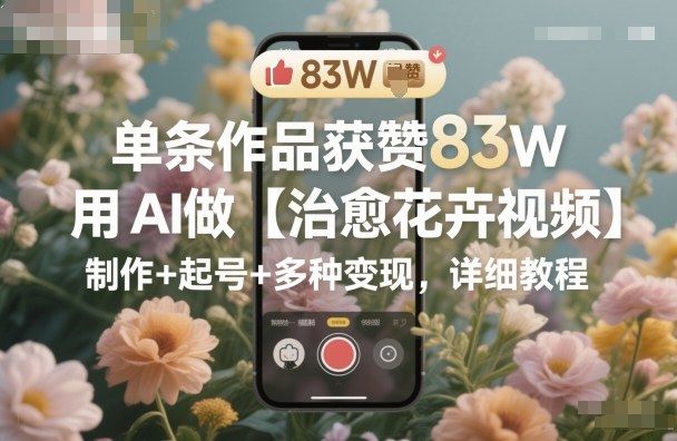 单条作品获赞83W,用AI做【治愈花卉视频】,制作+起号+多种变现,详细教程-樵渔匹