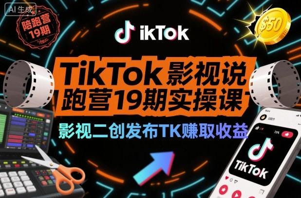 TikTok影视解说陪跑营19期实操课，影视二创发布TK賺取收益，万播收益50美金-樵渔匹