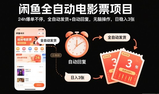 闲鱼全自动电影票项目，24h爆单不停，全自动发货+自动回复，无脑操作，日稳入3张【揭秘】-樵渔匹