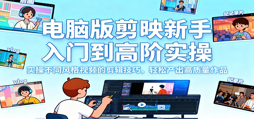 电脑版剪映新手入门到高阶实操，实操不同风格视频的剪辑技巧，轻松产出高质量作品-樵渔匹