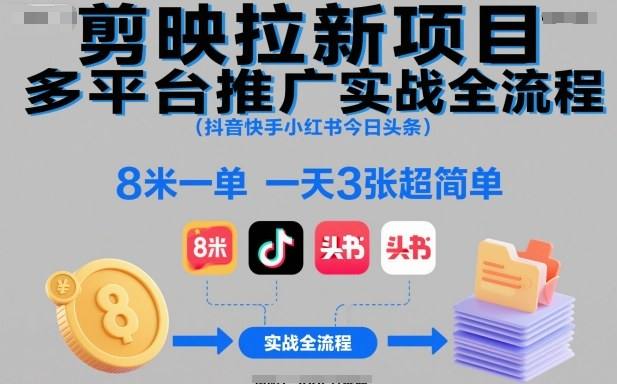 剪映拉新项目多平台推广实战全流程(抖音快手小红书今日头条)，8米一单，一天3张超简单-樵渔匹