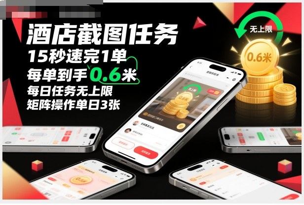 酒店截图任务,15秒速完1单,每单到手0.6米,每日任务无上限,全网首发玩法,矩阵操作单日3张【揭秘】-樵渔匹
