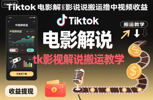 Tiktok电影解说搬运撸中视频收益，tk影视解说搬运教学-樵渔匹