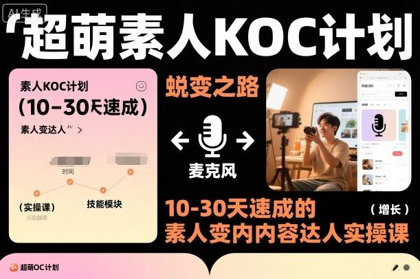 超萌素人KOC计划，10-30天速成的素人变内容达人实操课，适合想做短剧小说推文电商推广的素人入局-樵渔匹