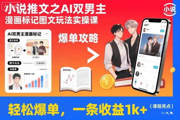 小说推文之AI双男主漫画标记图文玩法实操课，轻松爆单，一条收益1k+-樵渔匹