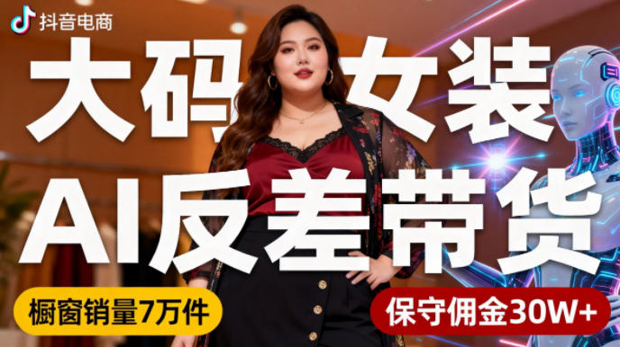 抖音小众赛道，大码女装AI反差带货，不用直播，每天6条作品，橱窗卖7万件，保守佣金30W+-樵渔匹