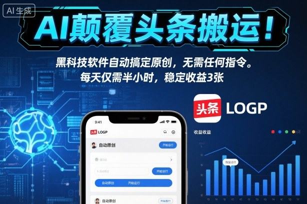 AI颠覆头条搬运!黑科技软件自动搞定原创,无需任何指令。每天仅需半小时,稳定收益3张【揭秘】-樵渔匹