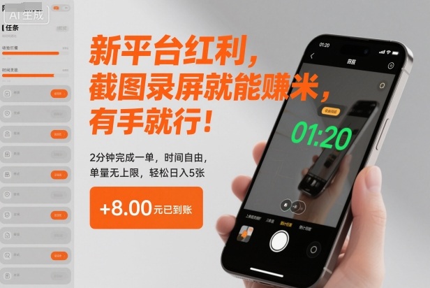 新平台红利,截图录屏就能賺米,有手就行!2分钟完成一单,时间自由,单量无上限,轻松日入5张【揭秘】-樵渔匹