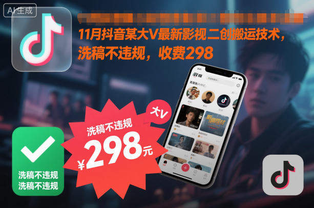 11月抖音某大V最新影视二创搬运技术，洗稿不违规，收费298-樵渔匹