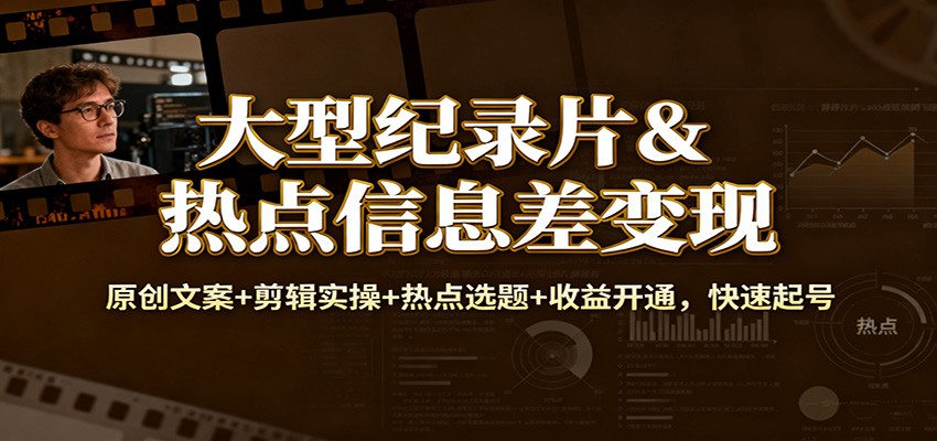 大型纪录片&热点信息差变现：原创文案+剪辑实操+热点选题+收益开通，快速起号-樵渔匹