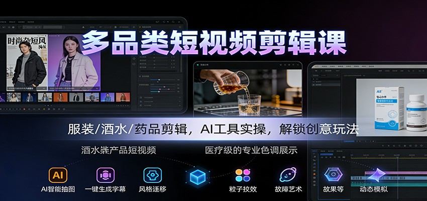 多品类短视频剪辑课:服装/酒水/药品剪辑,AI工具实操,解锁创意玩法-樵渔匹