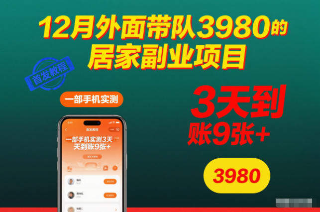 12月外面带队3980的居家副业项目,一部手机实测3天到账9张+,首发教程【揭秘】-樵渔匹