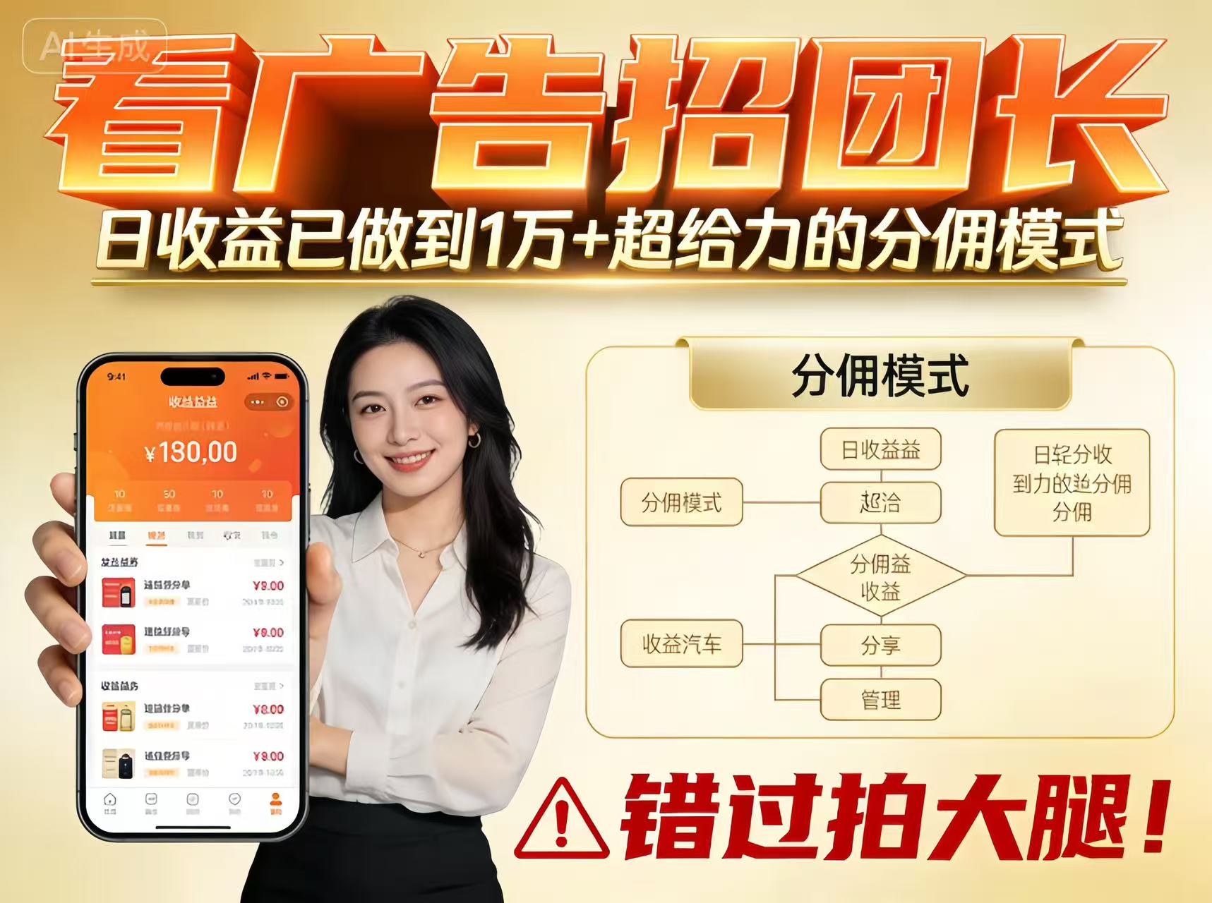 看广告招团长,团队收益已做到日入1万,分佣模式超给力,错过拍大腿-樵渔匹