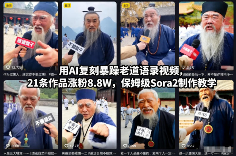 用AI复刻暴躁老道语录视频,21条作品涨粉8.8W,保姆级Sora2制作教学-樵渔匹