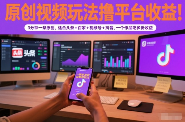 原创视频玩法撸平台收益,3分钟一条原创,适合头条+百家+视频号+抖音,一个作品吃多份收益-樵渔匹